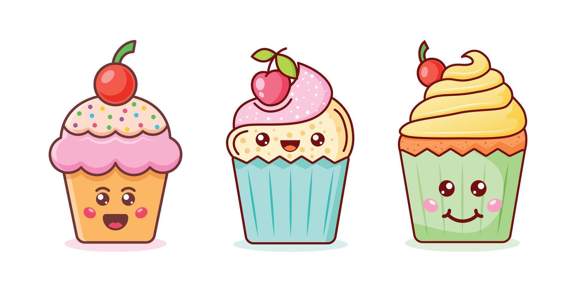 Cute sweet desserts icon set in flat style. Kawaii cupcake illustration on isolated background. Happy muffin sign business concept. vector