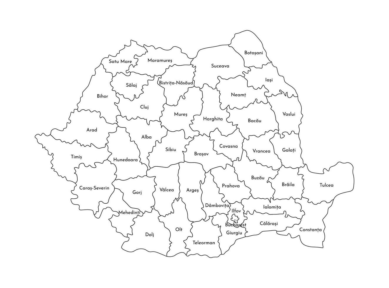 isolated illustration of simplified administrative map of Romania. Borders and names of the counties. Black line silhouettes. vector