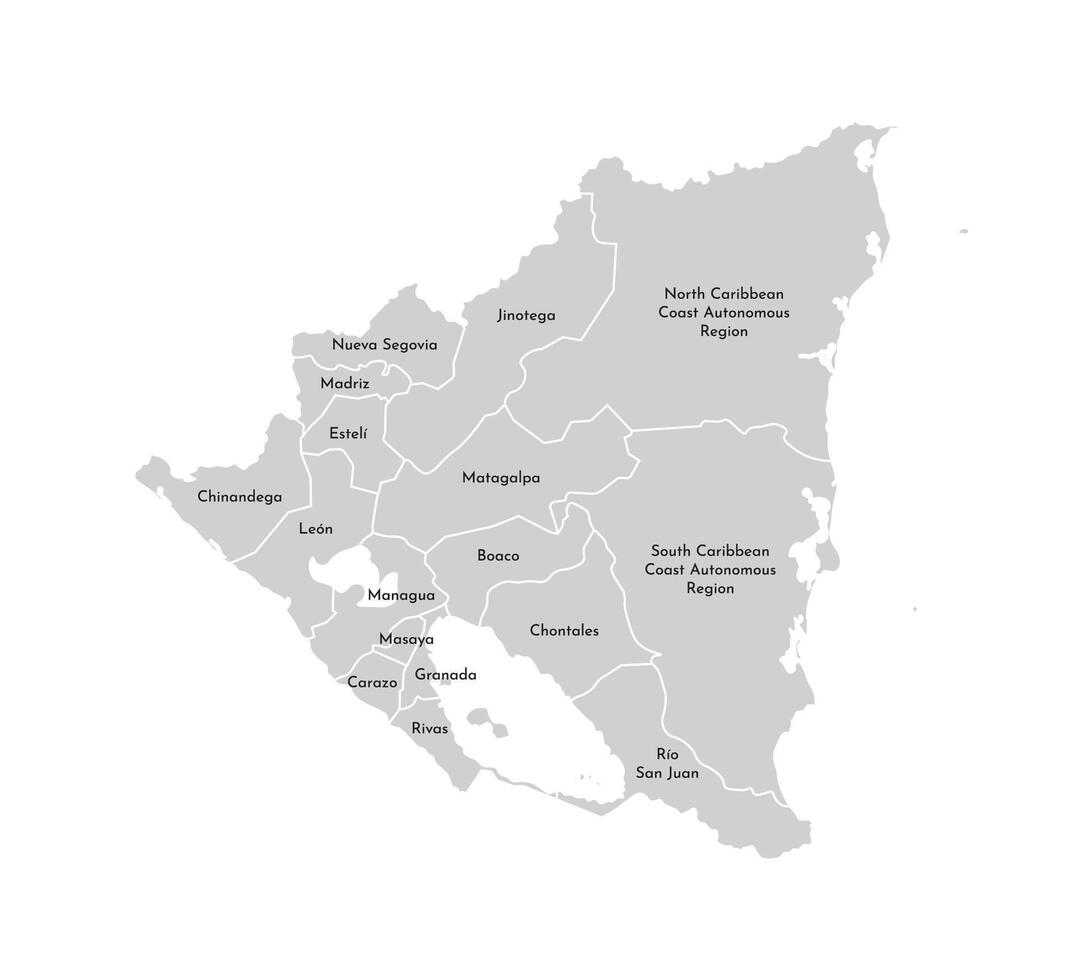 isolated illustration of simplified administrative map of Nicaragua. Borders and names of the departments, regions. Grey silhouettes. White outline vector