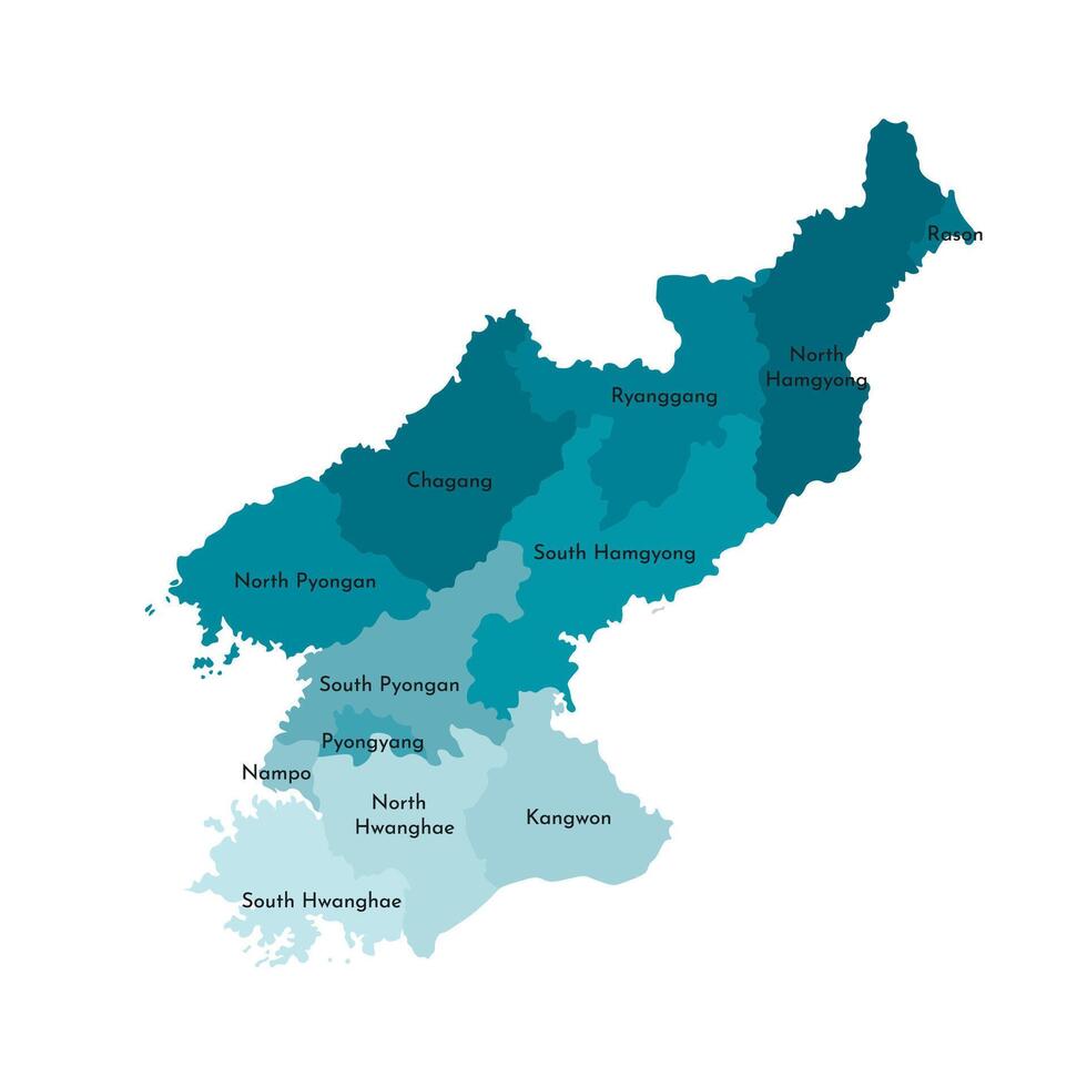 isolated illustration of simplified administrative map of North Korea, Peoples Republic of Korea. Borders and names of the regions. Colorful blue khaki silhouettes vector