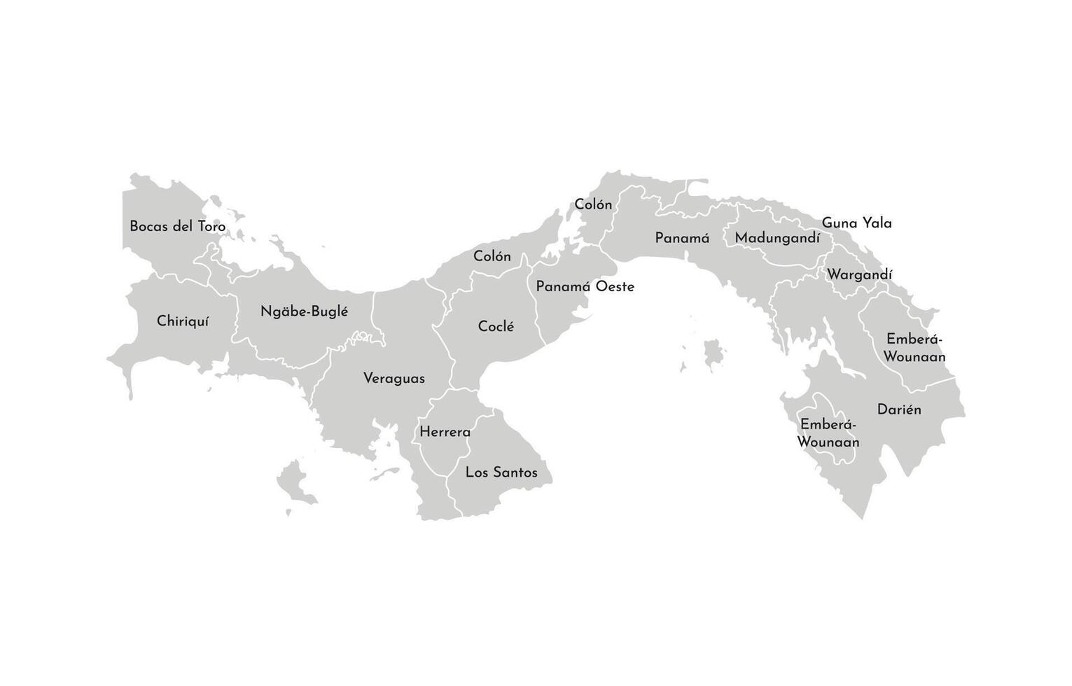 isolated illustration of simplified administrative map of Panama. Borders and names of the provinces, regions. Grey silhouettes. White outline vector