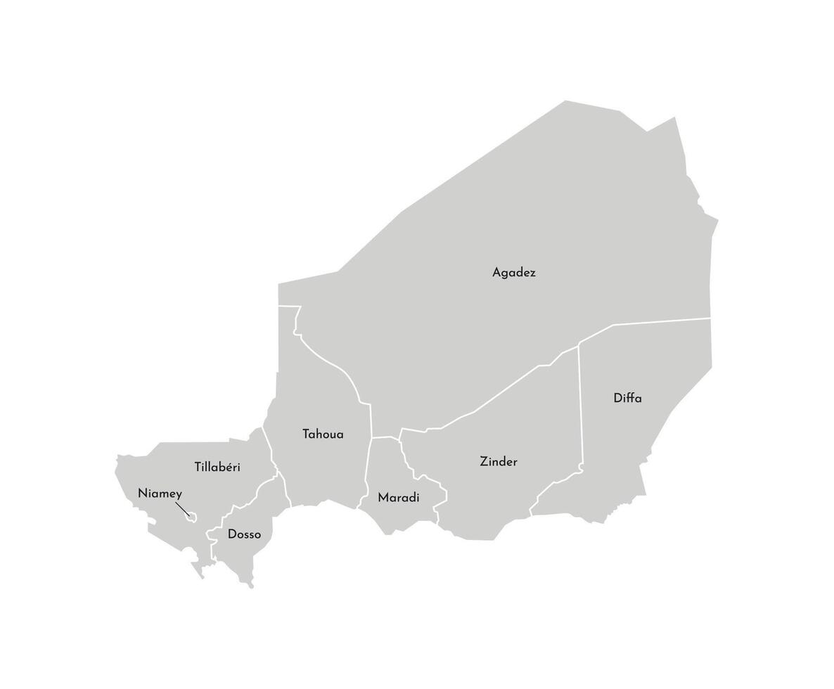 isolated illustration of simplified administrative map of Niger. Borders and names of the regions. Grey silhouettes. White outline vector