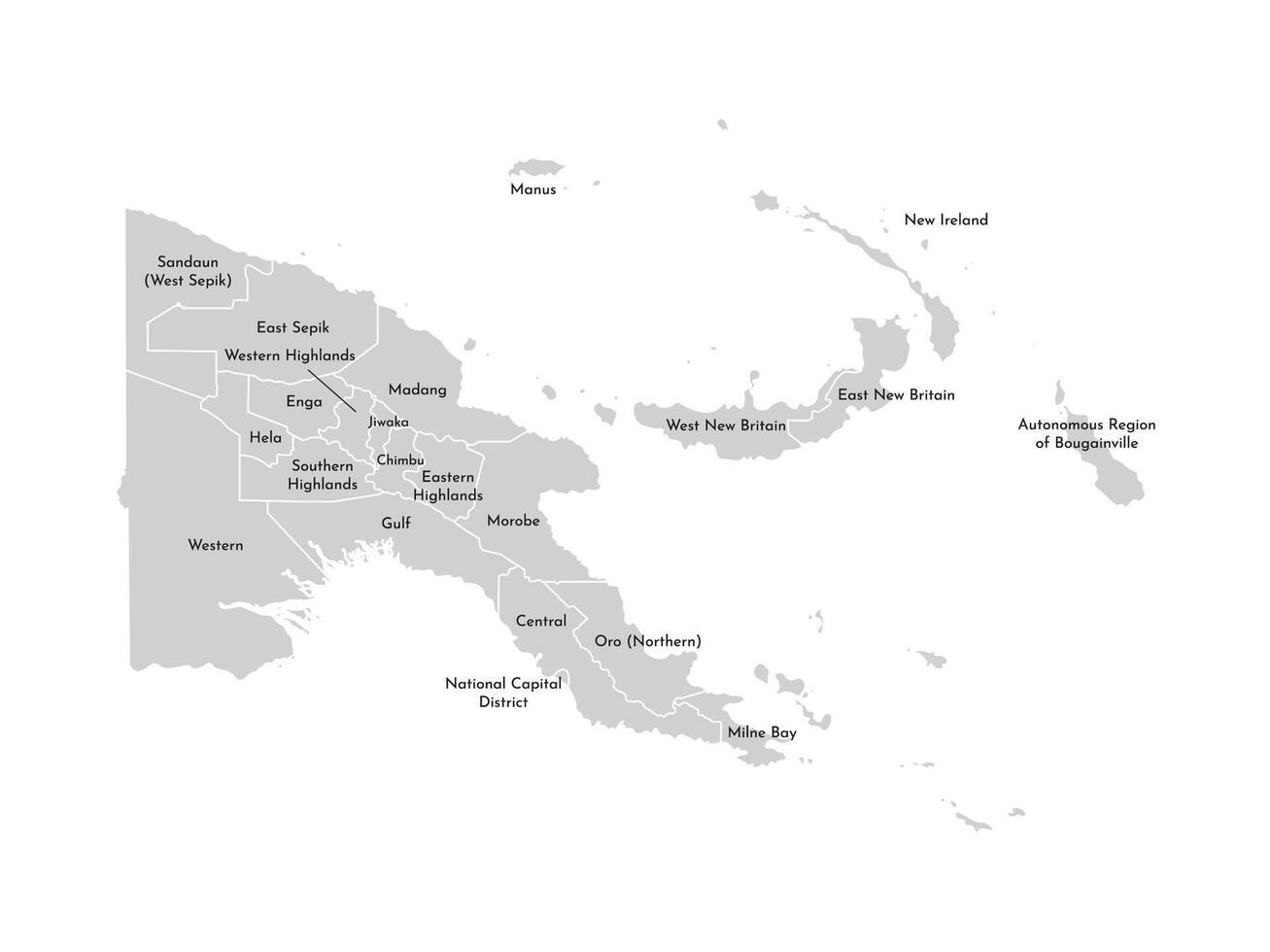 isolated illustration of simplified administrative map of Papua New Guinea. Borders and names of the provinces. Grey silhouettes. White outline vector