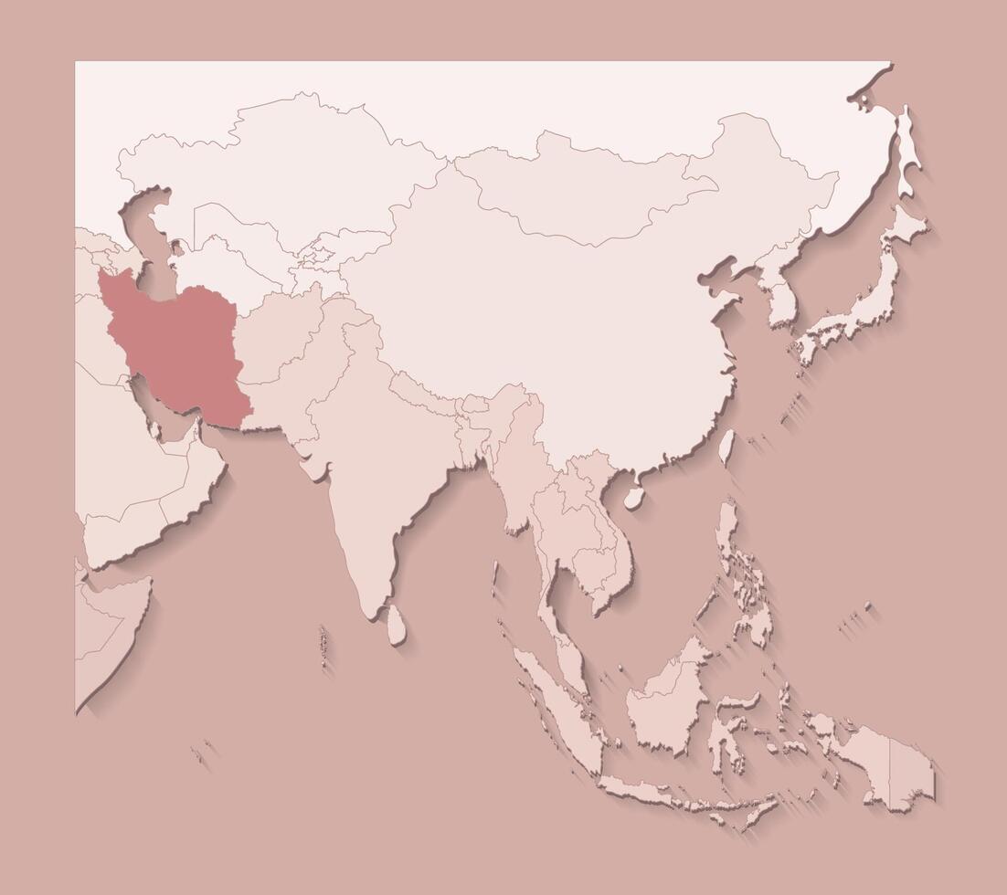 illustration with asian areas with borders of states and marked country Iran. Political map in brown colors with regions. Beige background vector
