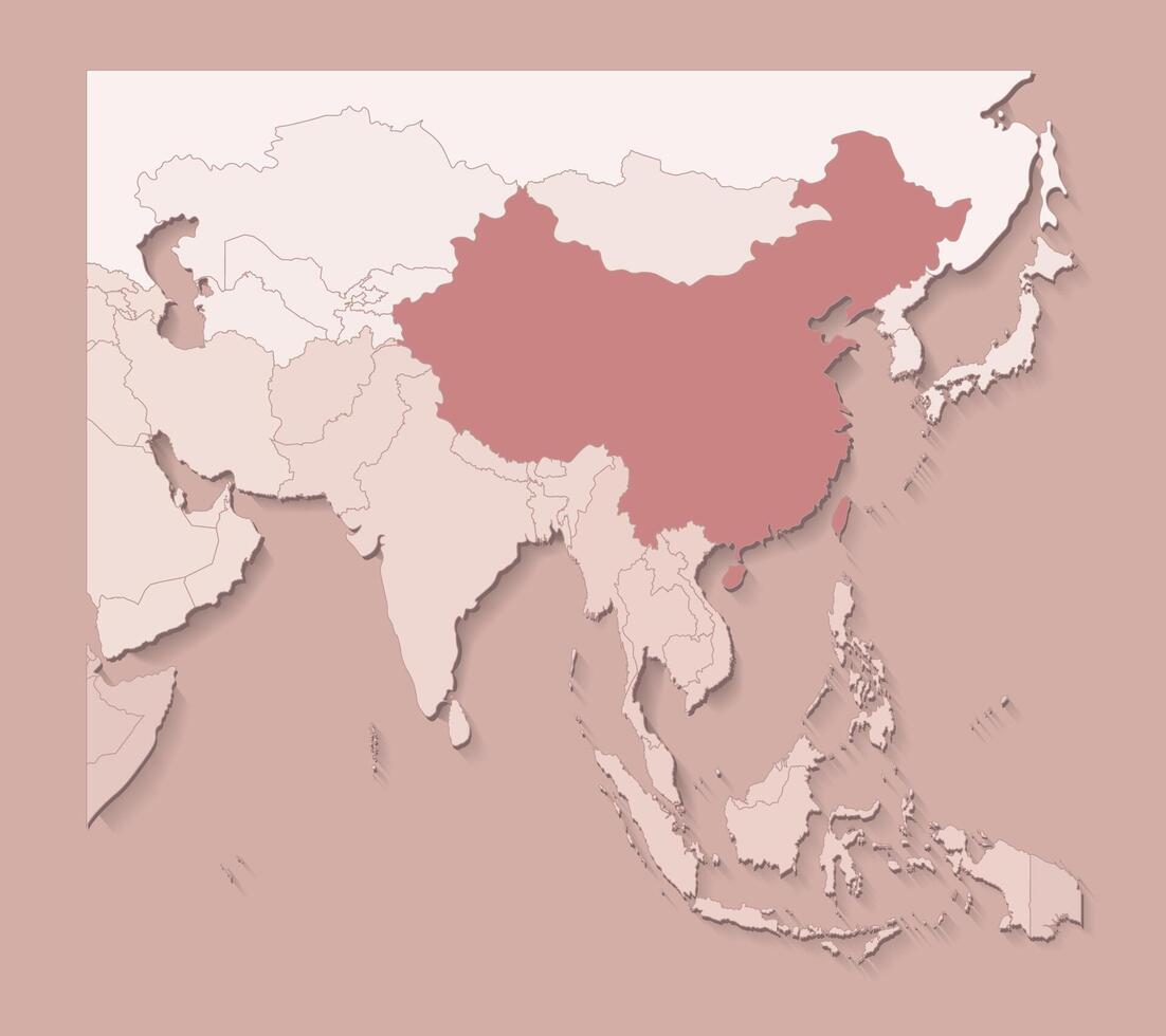 illustration with asian areas with borders of states and marked country China ant Taiwan . Political map in brown colors with regions. Beige background vector