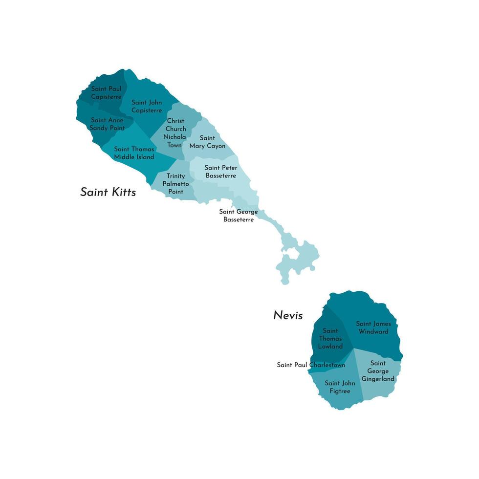 isolated illustration of simplified administrative map of Saint Kitts and Nevis. Borders and names of the parishes, regions. Colorful blue khaki silhouettes. vector