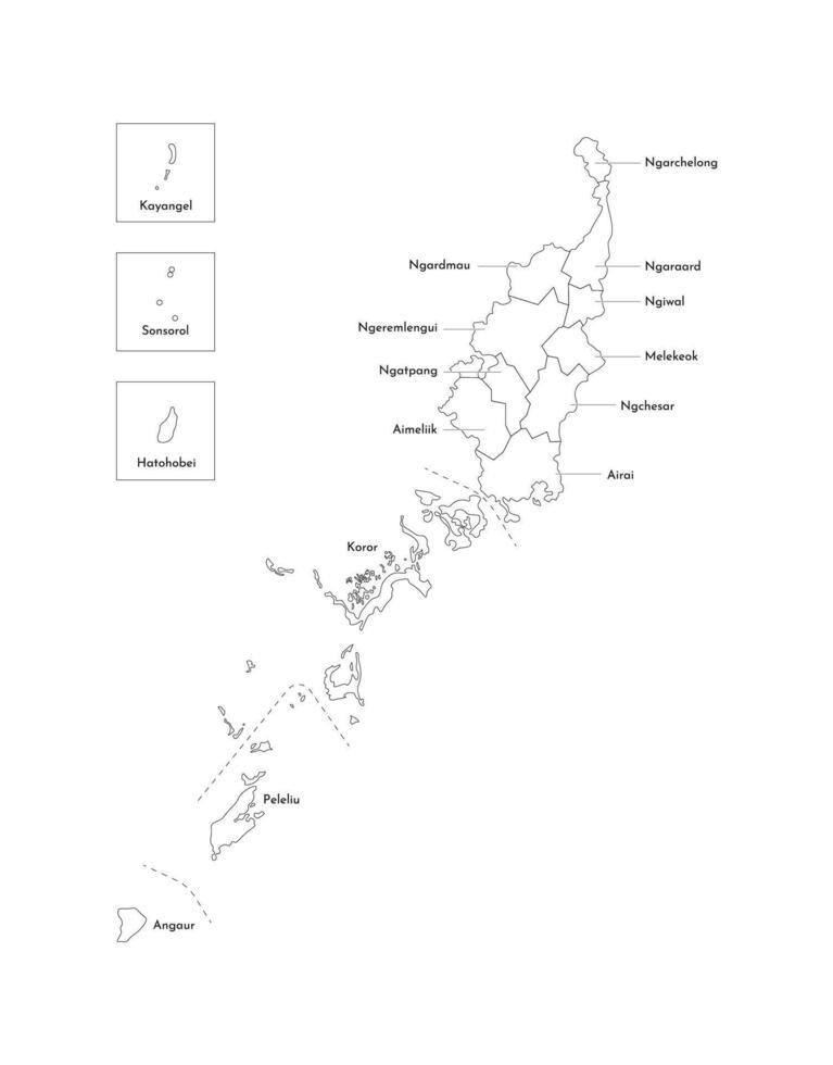 isolated illustration of simplified administrative map of Palau. Borders and names of the states, regions. Black line silhouettes vector