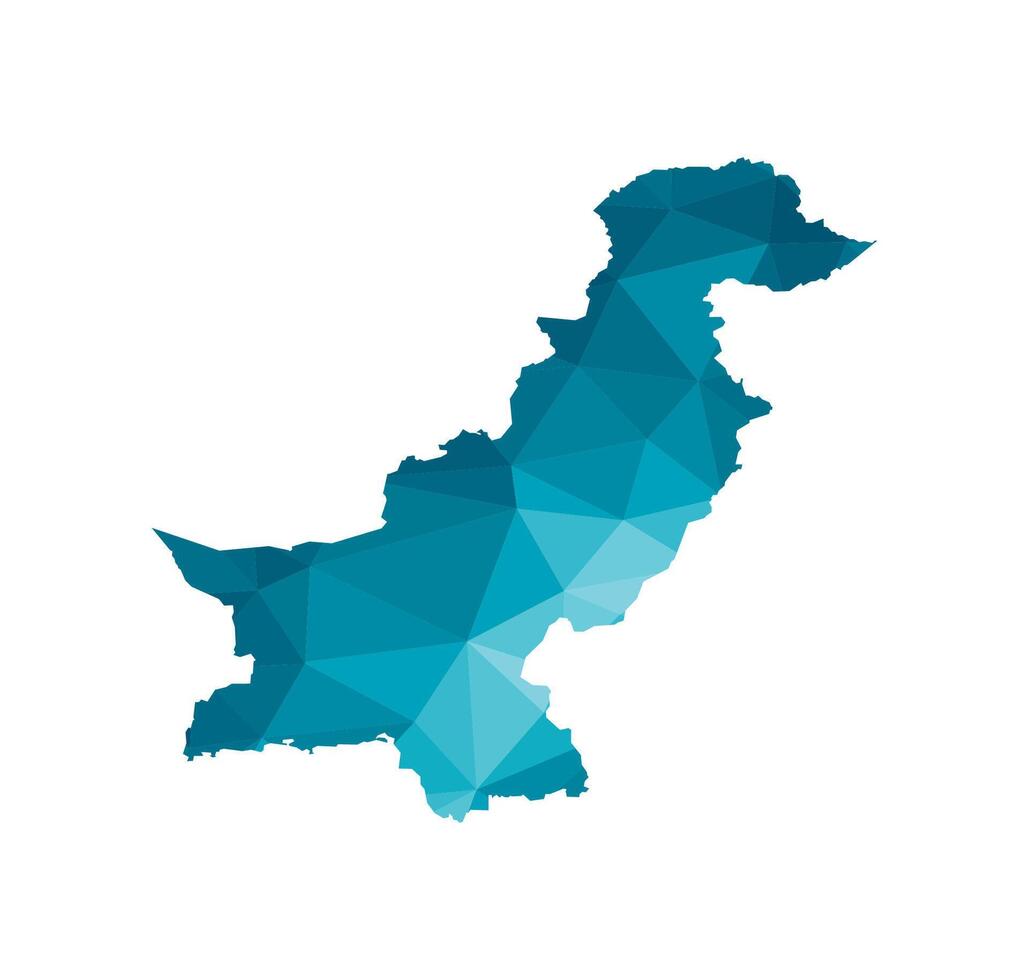 isolated illustration icon with simplified blue silhouette of Pakistan map. Polygonal geometric style, triangular shapes. White background. vector