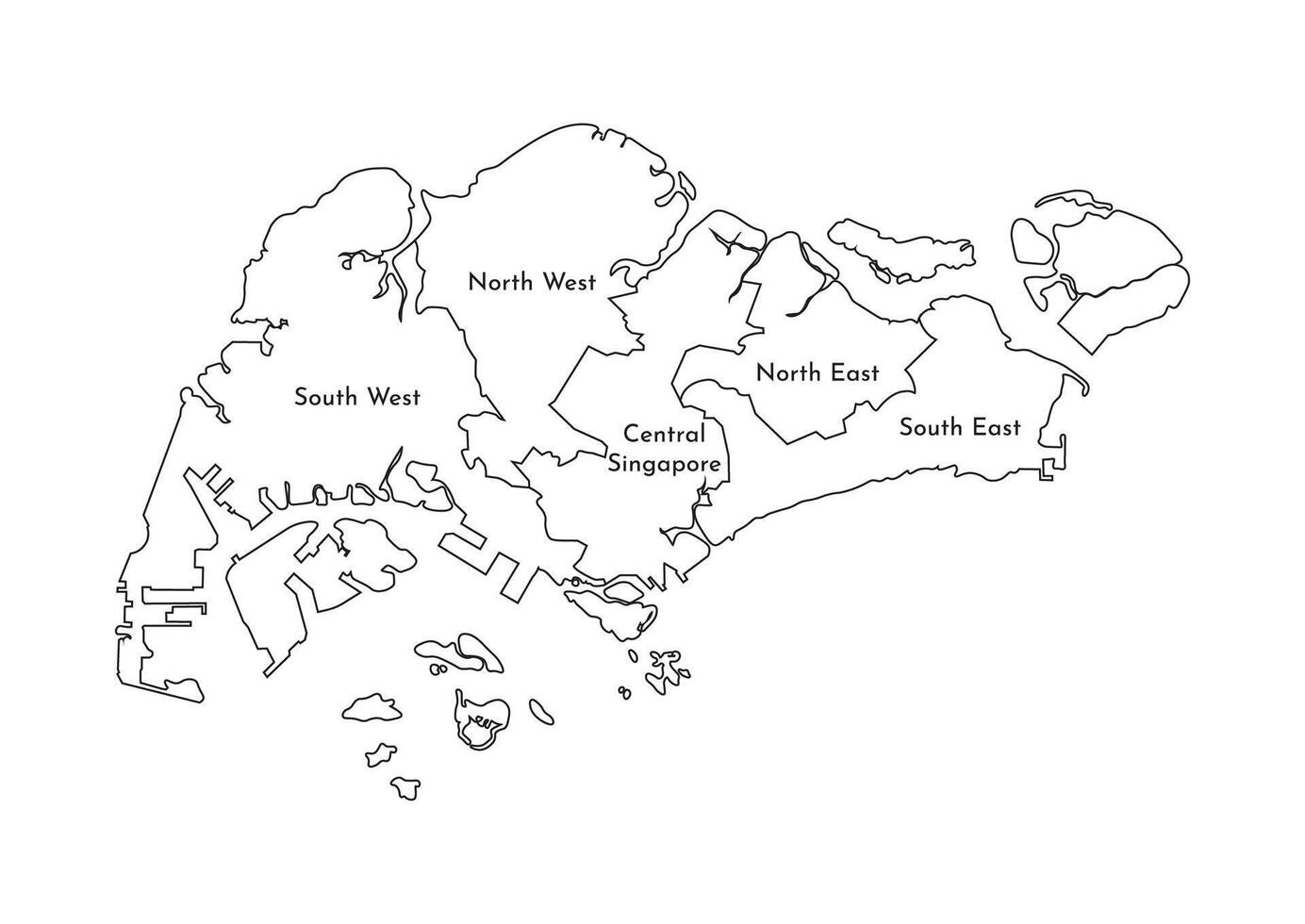 isolated illustration of simplified administrative map of Singapore. Borders and names of the regions. Black line silhouettes. vector