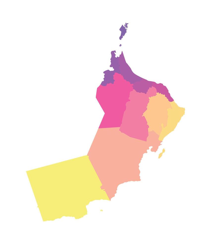 isolated illustration of simplified administrative map of Oman. Borders of the regions, governorates. Multi colored silhouettes. vector