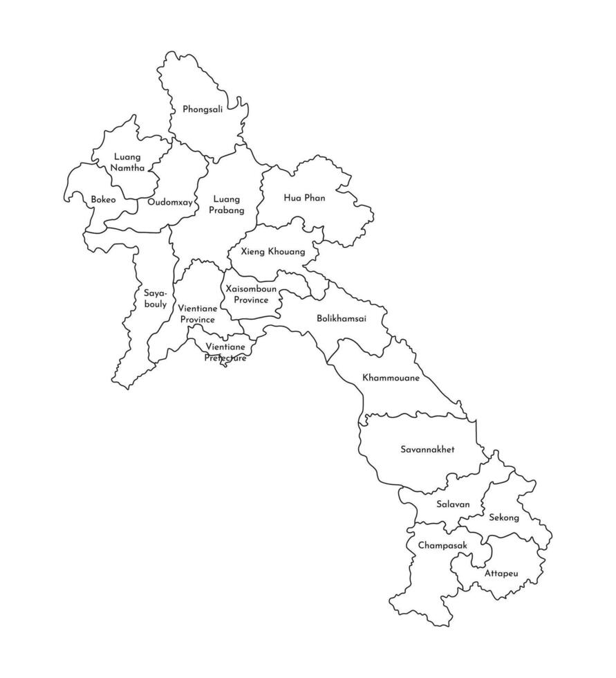 isolated illustration of simplified administrative map of Laos. Borders and names of the regions. Black line silhouettes. vector