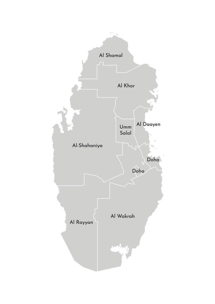 isolated illustration of simplified administrative map of Qatar. Borders and names of the provinces, regions. Grey silhouettes. White outline vector