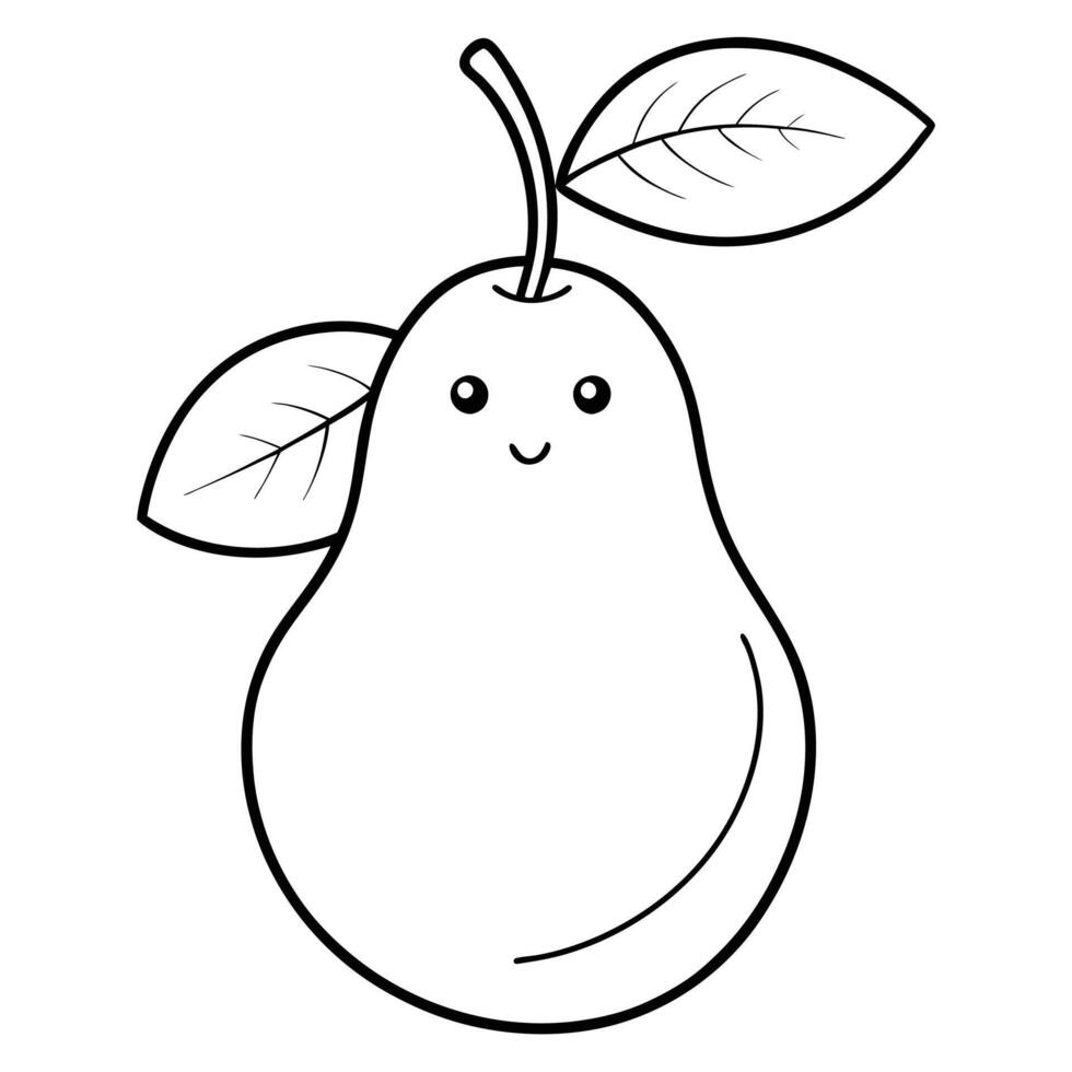 A pear with leaves and a smiley face coloring page vector