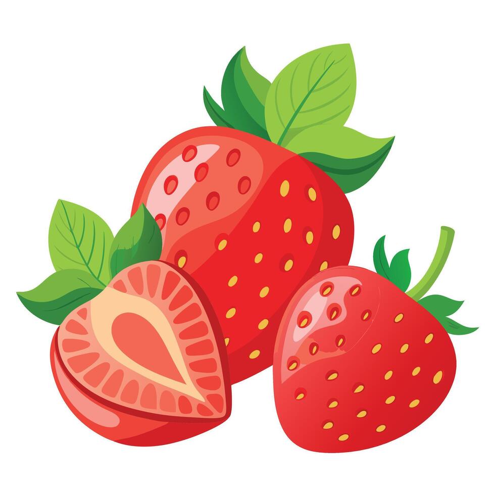 Strawberries with leaves and one half cut vector