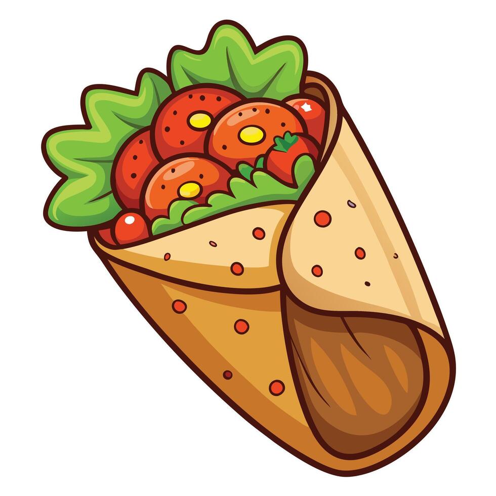 A burrito with tomatoes and lettuce on a white background vector