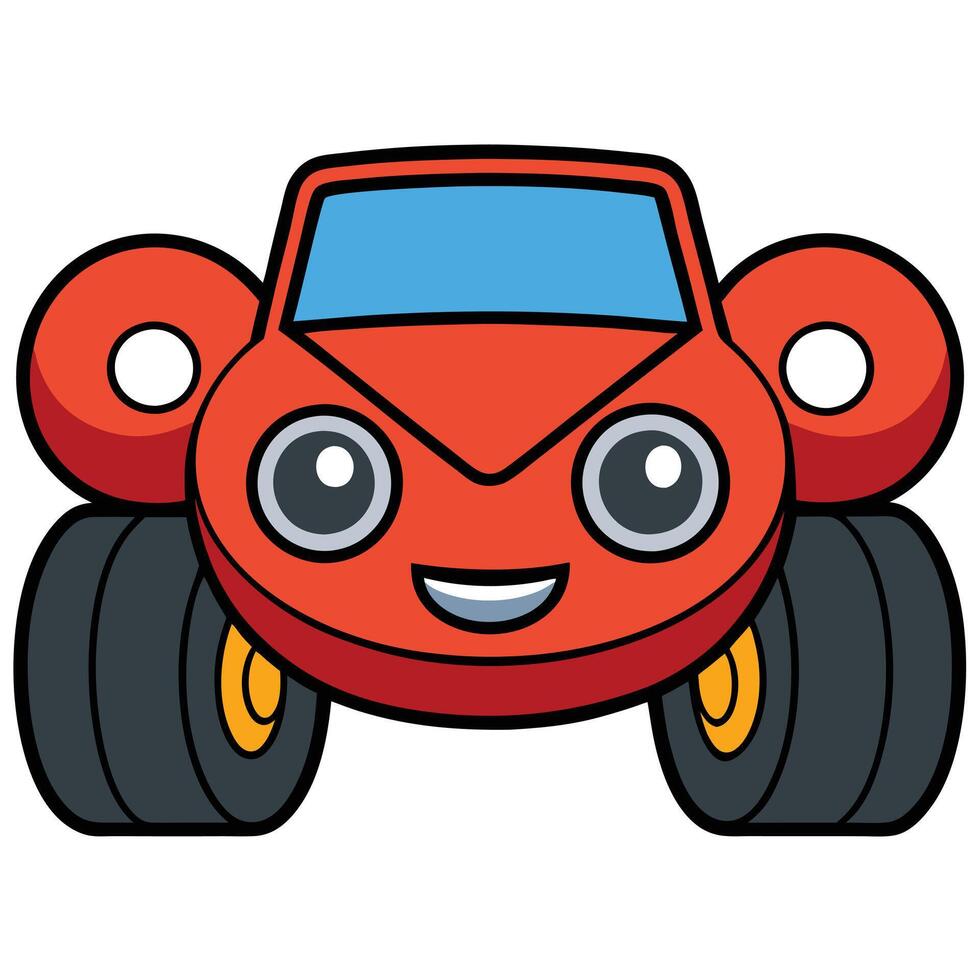 A cartoon red car with wheels and eyes vector