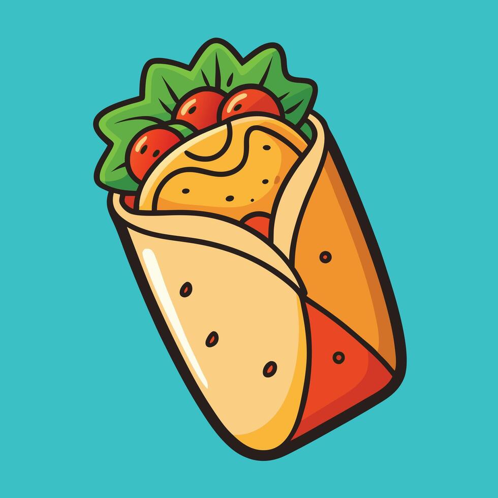 A cartoon burrito with lettuce and tomatoes on it vector