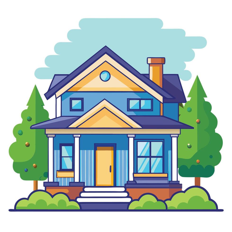 A cartoon house with a porch and trees vector