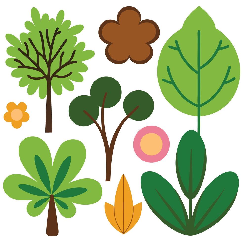 Various types of trees and plants on a white background vector
