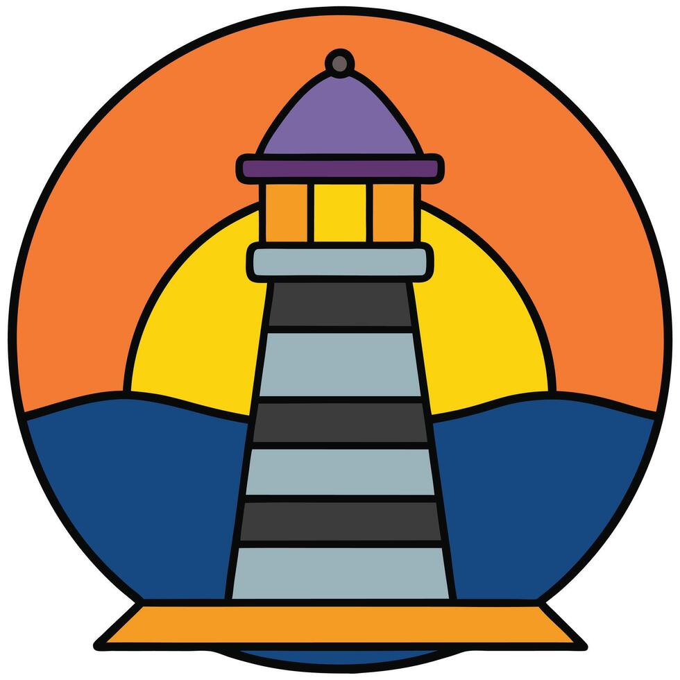 A lighthouse in a circle with a sunset in the background vector