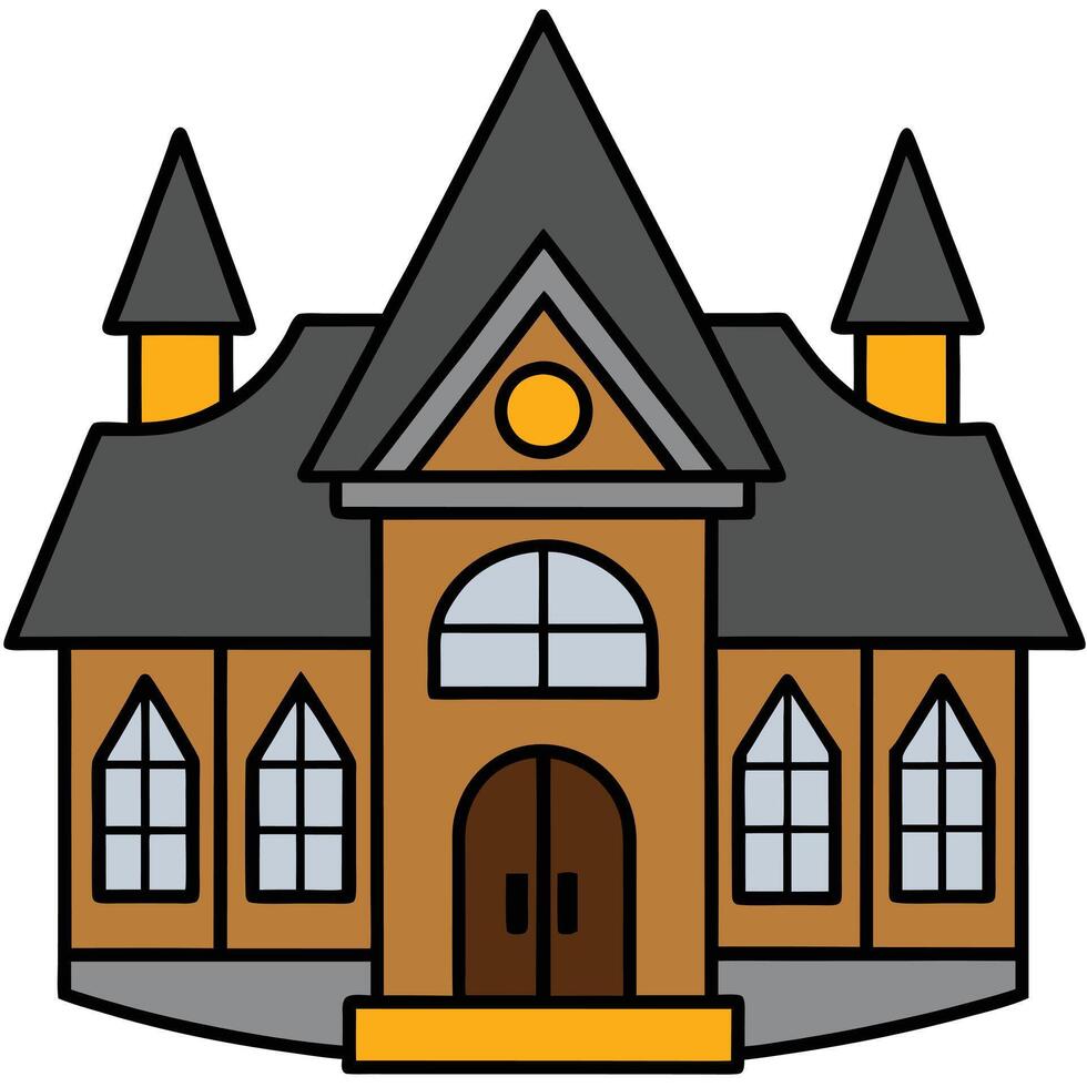 A cartoon house with a black roof and two windows vector