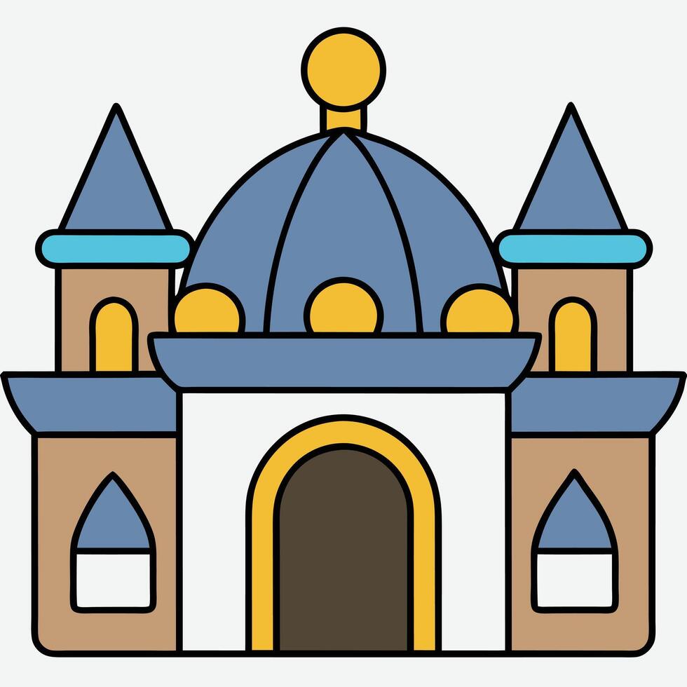 A castle icon with a blue roof and two towers vector