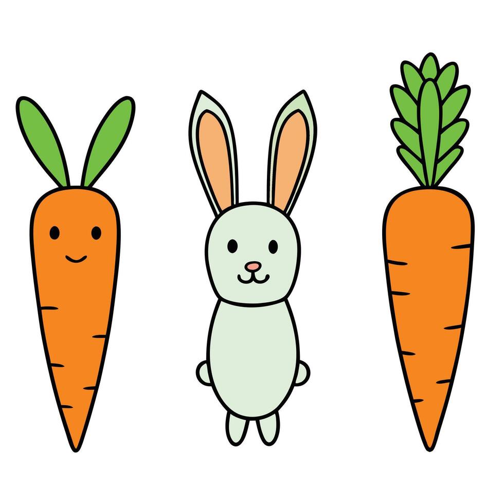 Three carrots and a rabbit are shown in a cartoon style vector