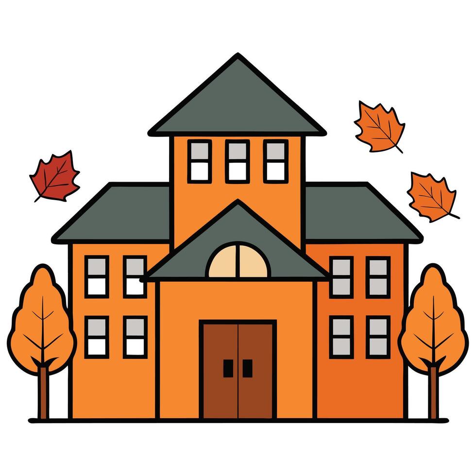 An orange school house with leaves falling on it vector