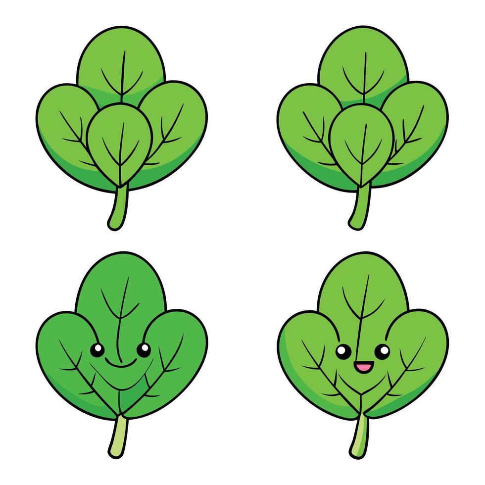 Cartoon spinach leaves with faces and eyes vector
