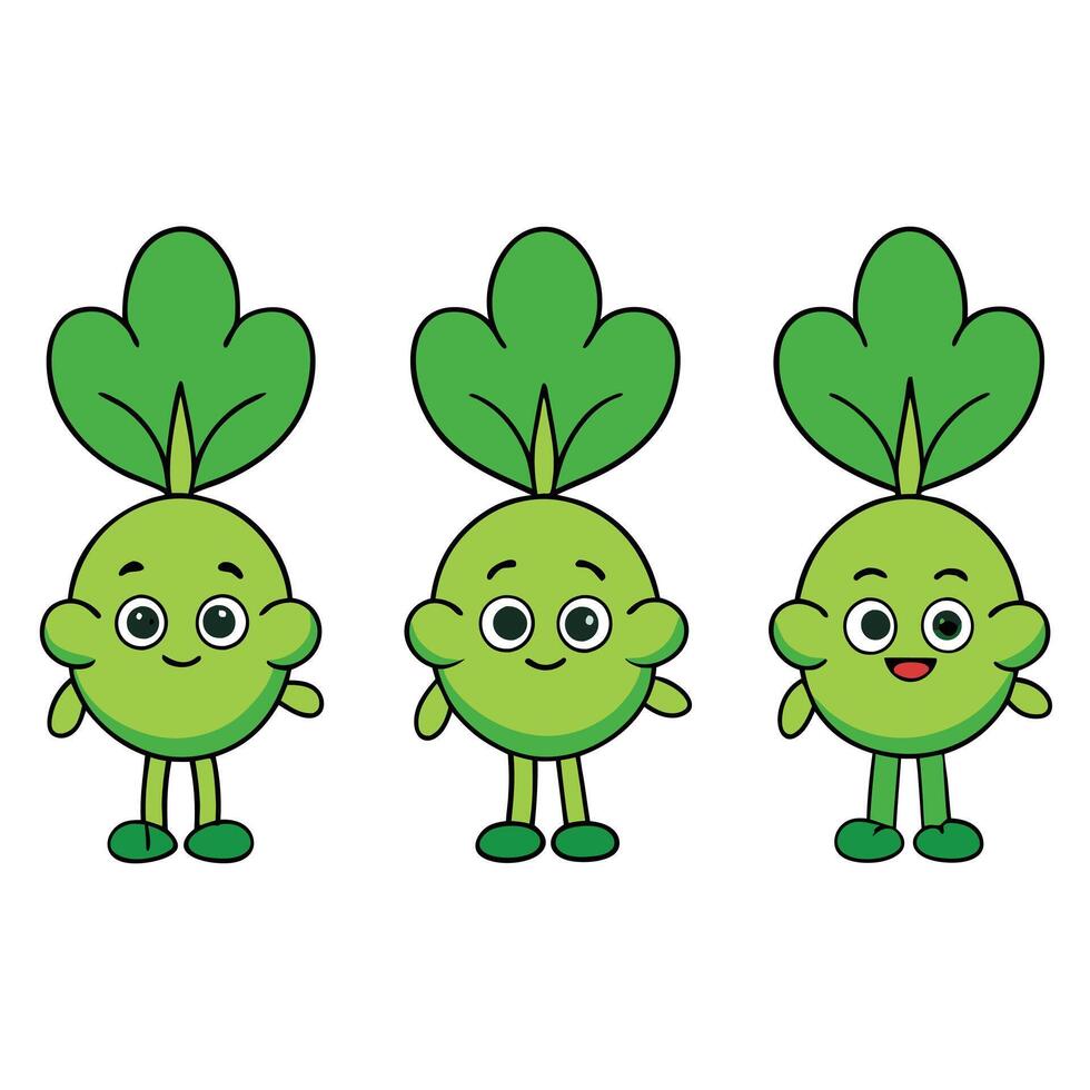 Three cartoon green vegetables with faces and eyes vector