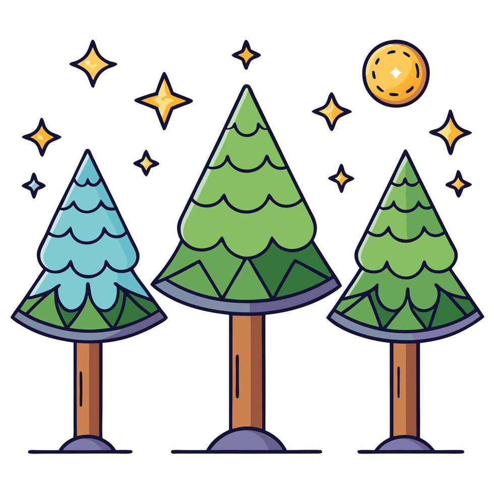 Three trees with stars and moon in the background vector