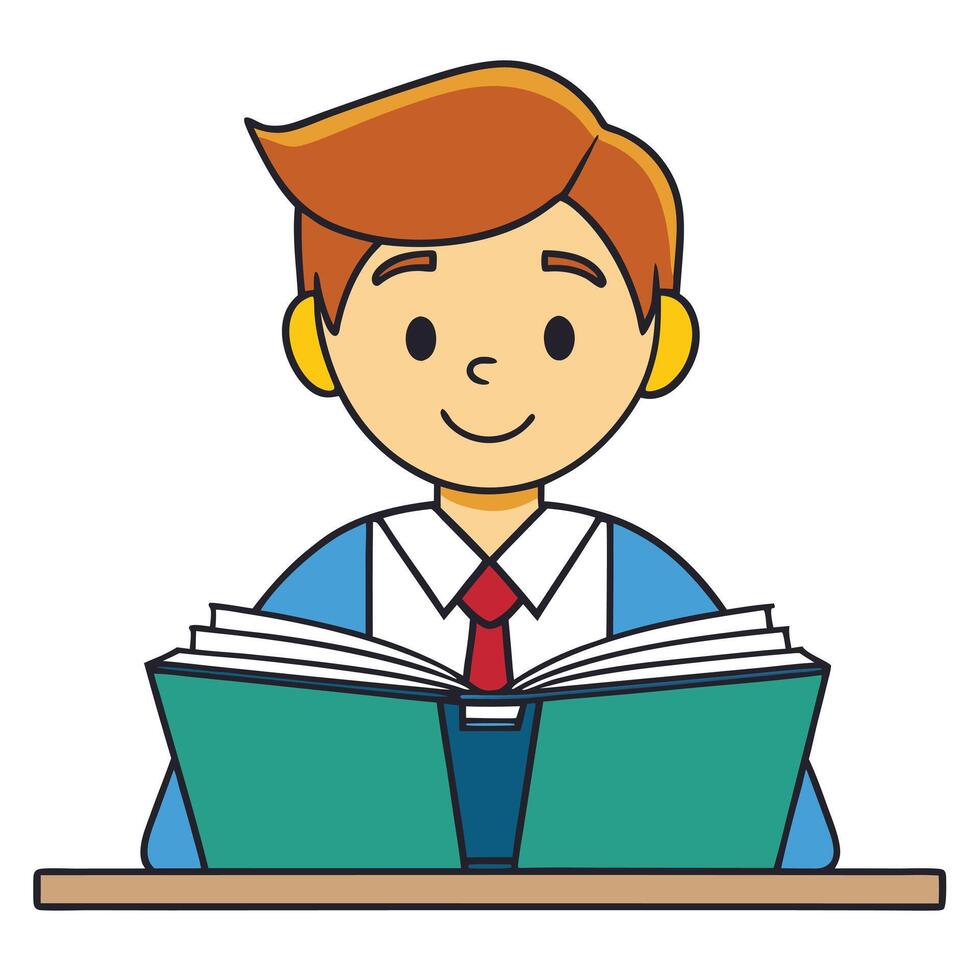 A man in a tie is sitting at a desk with a book vector