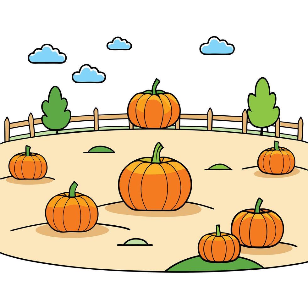 Pumpkins in a field with a fence and trees vector