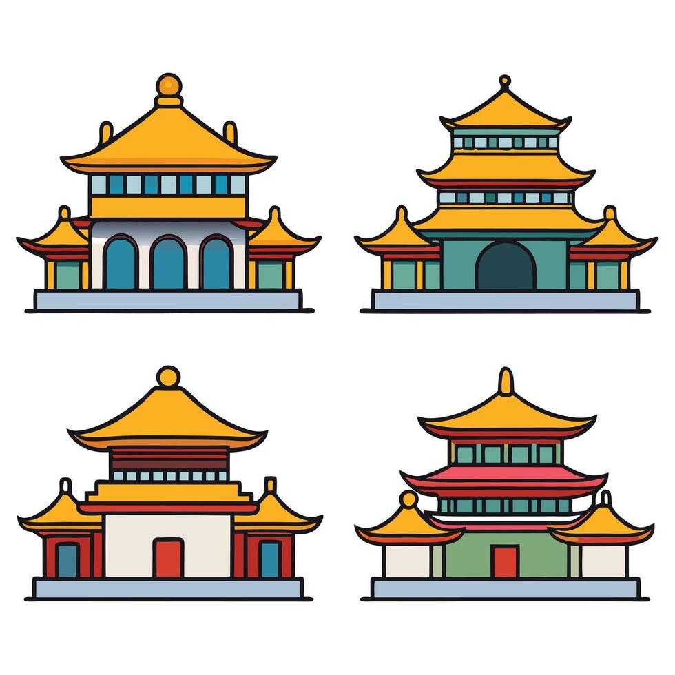 Four different buildings with different colors and designs vector