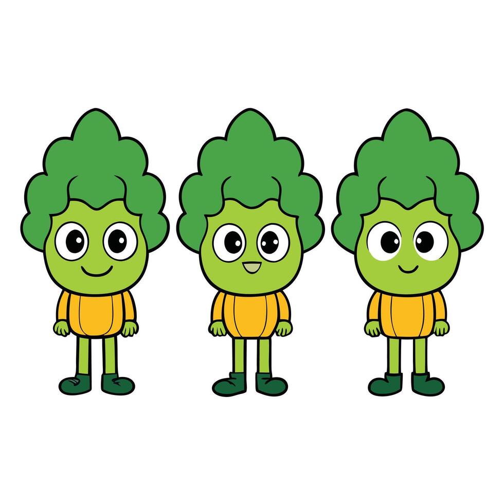 Three cartoon broccoli characters with different expressions vector