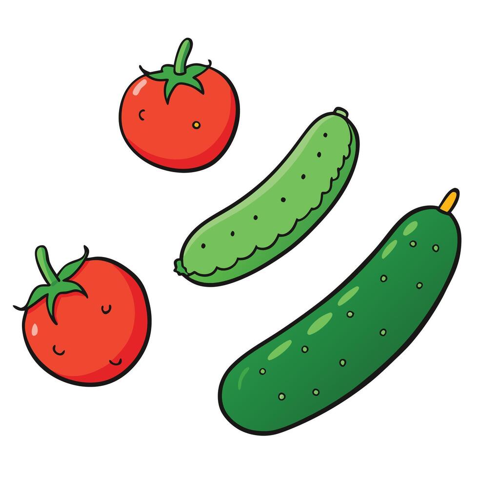 A cartoon illustration of cucumbers and tomatoes vector