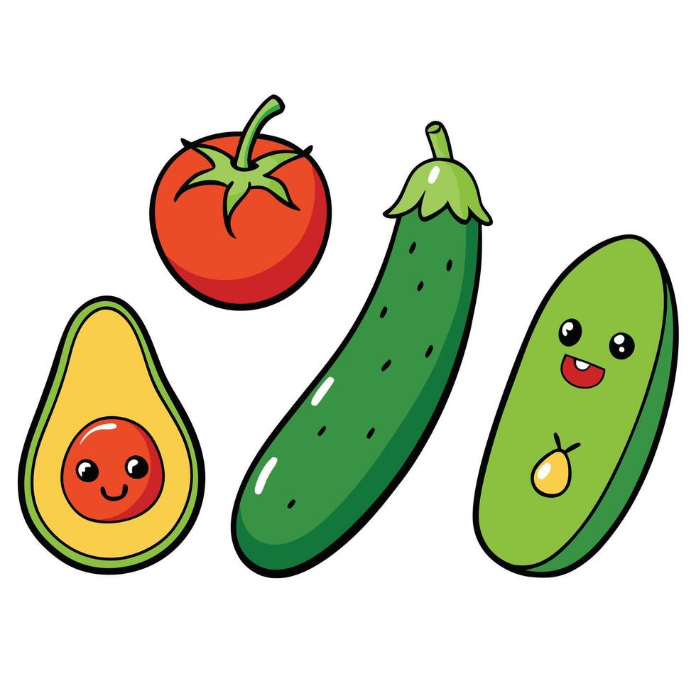 A cartoon avocado, tomato and cucumber vector