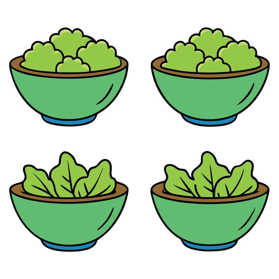 A set of four bowls with green vegetables in them vector
