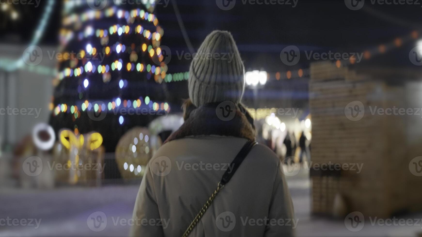 Beautifully decorated city square for New year and Christmas. Action. Rear view of a woman inviting with a gesture on the decorated streets and squares of the night city. photo