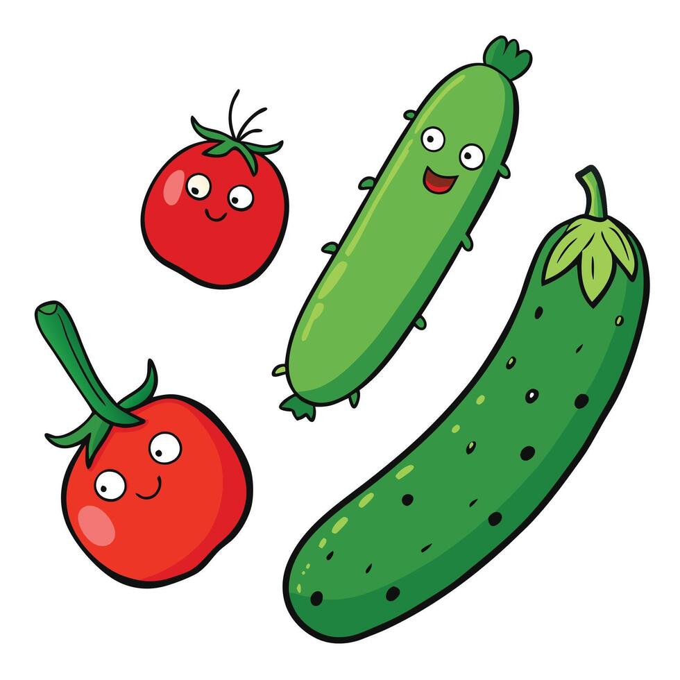A cartoon illustration of cucumbers, tomatoes and peppers vector