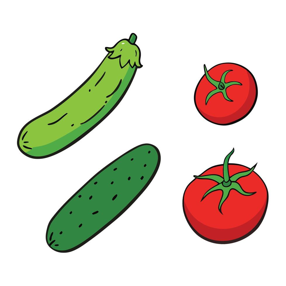 A set of vegetables including a cucumber, tomato and pepper vector