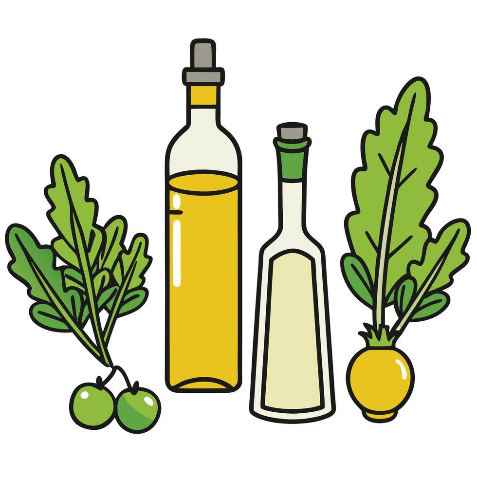 A bottle of olive oil, a bottle of vinegar and a bunch of radishes vector