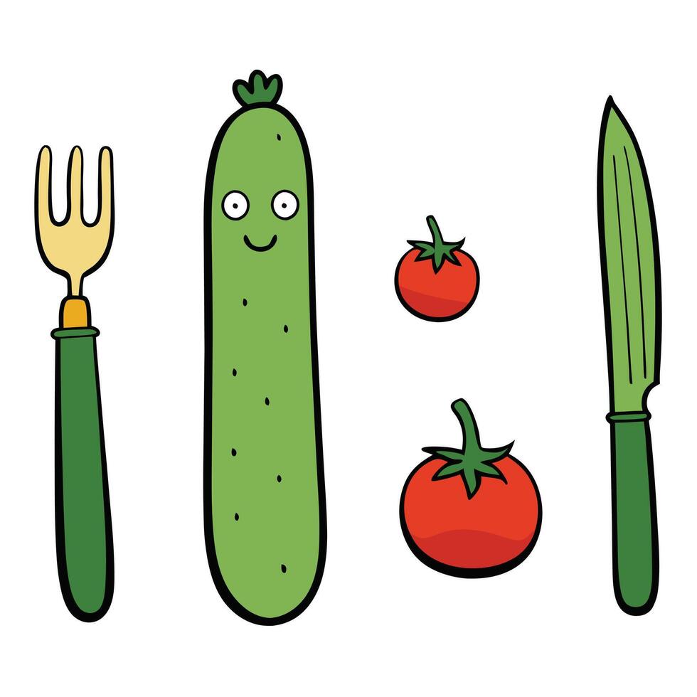 A cucumber, knife and tomato are shown in a cartoon style vector