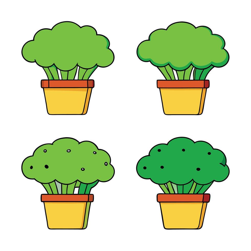 Four broccoli plants in pots on a white background vector