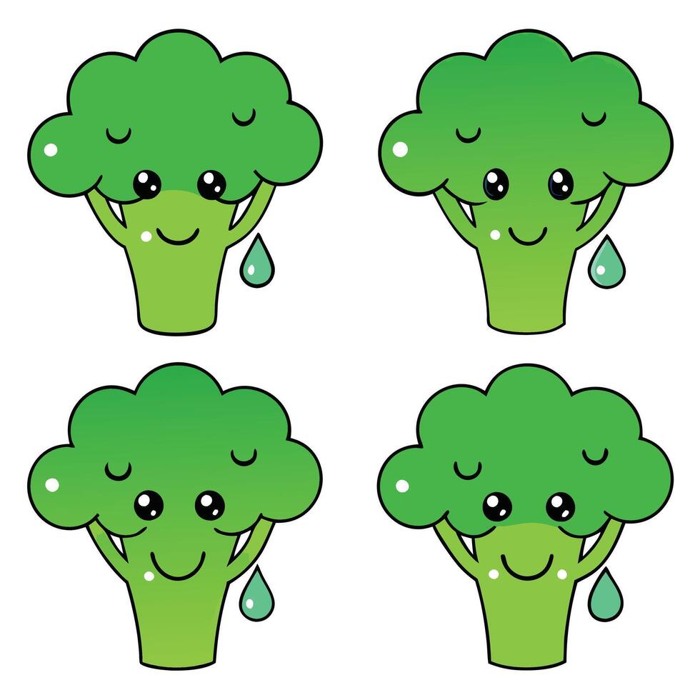 Four cartoon broccoli characters with tears on their faces vector