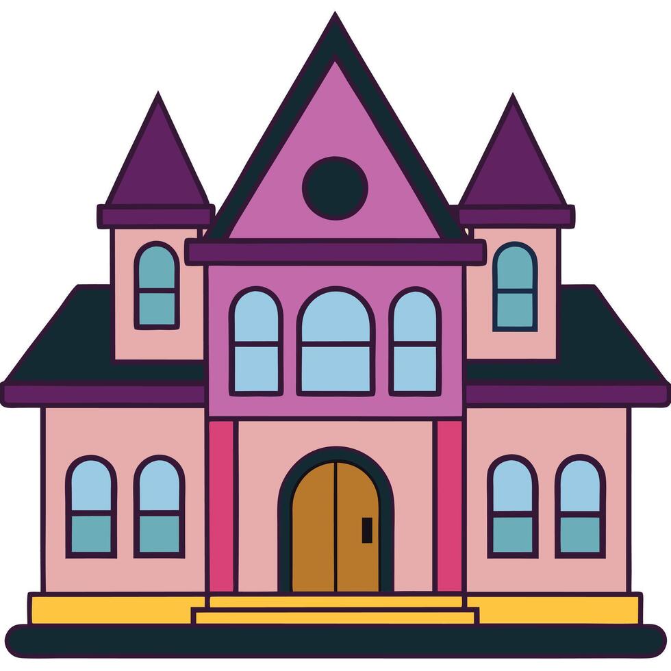 A pink house with a purple roof and windows vector