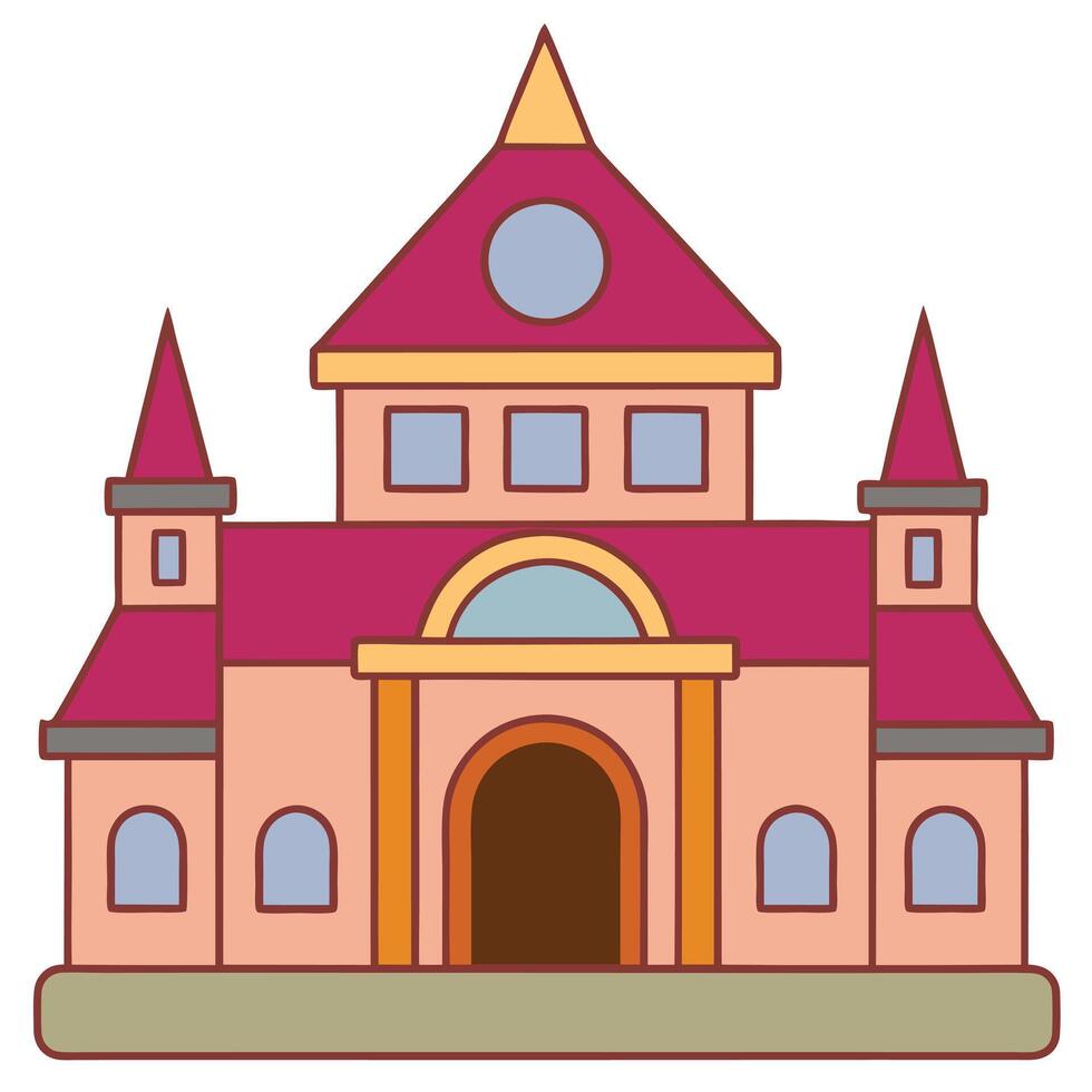 A pink castle with a tower and a door vector