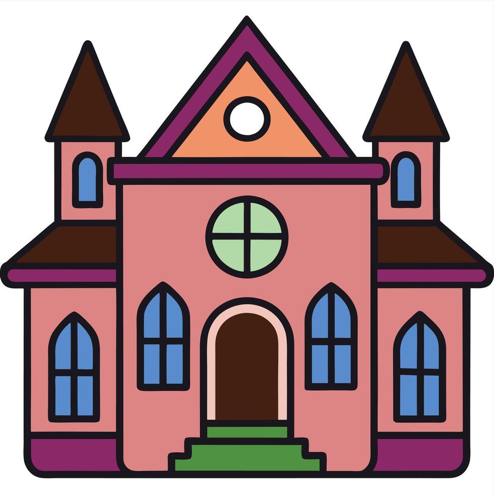 A pink house with a tower and windows vector