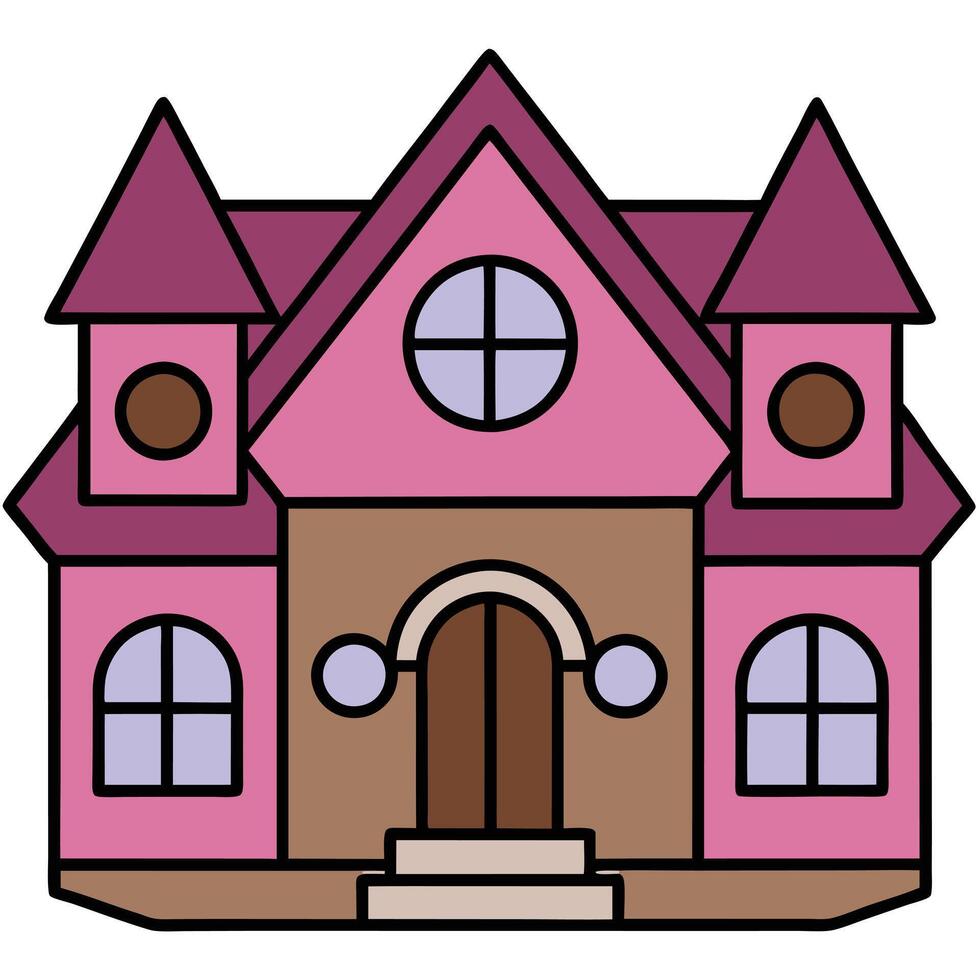 A pink house with a brown roof and windows vector