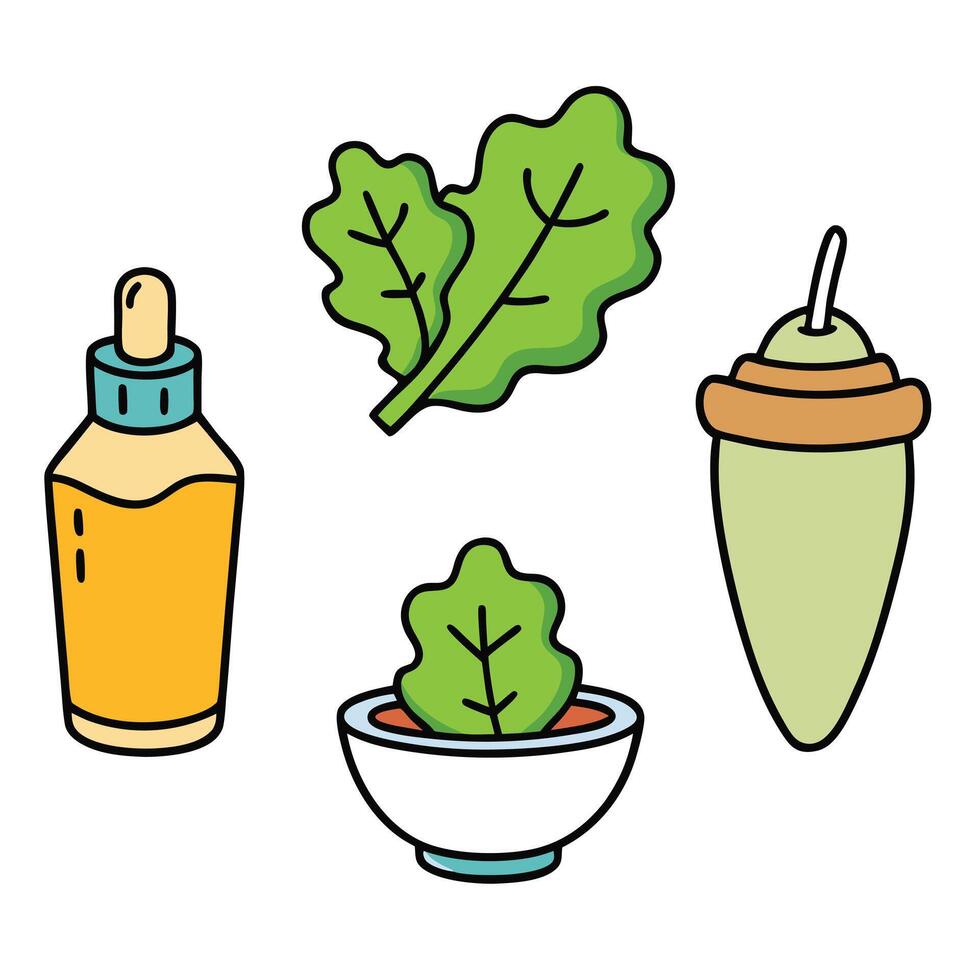 Vegetable oil, salad, and dressing icons set vector